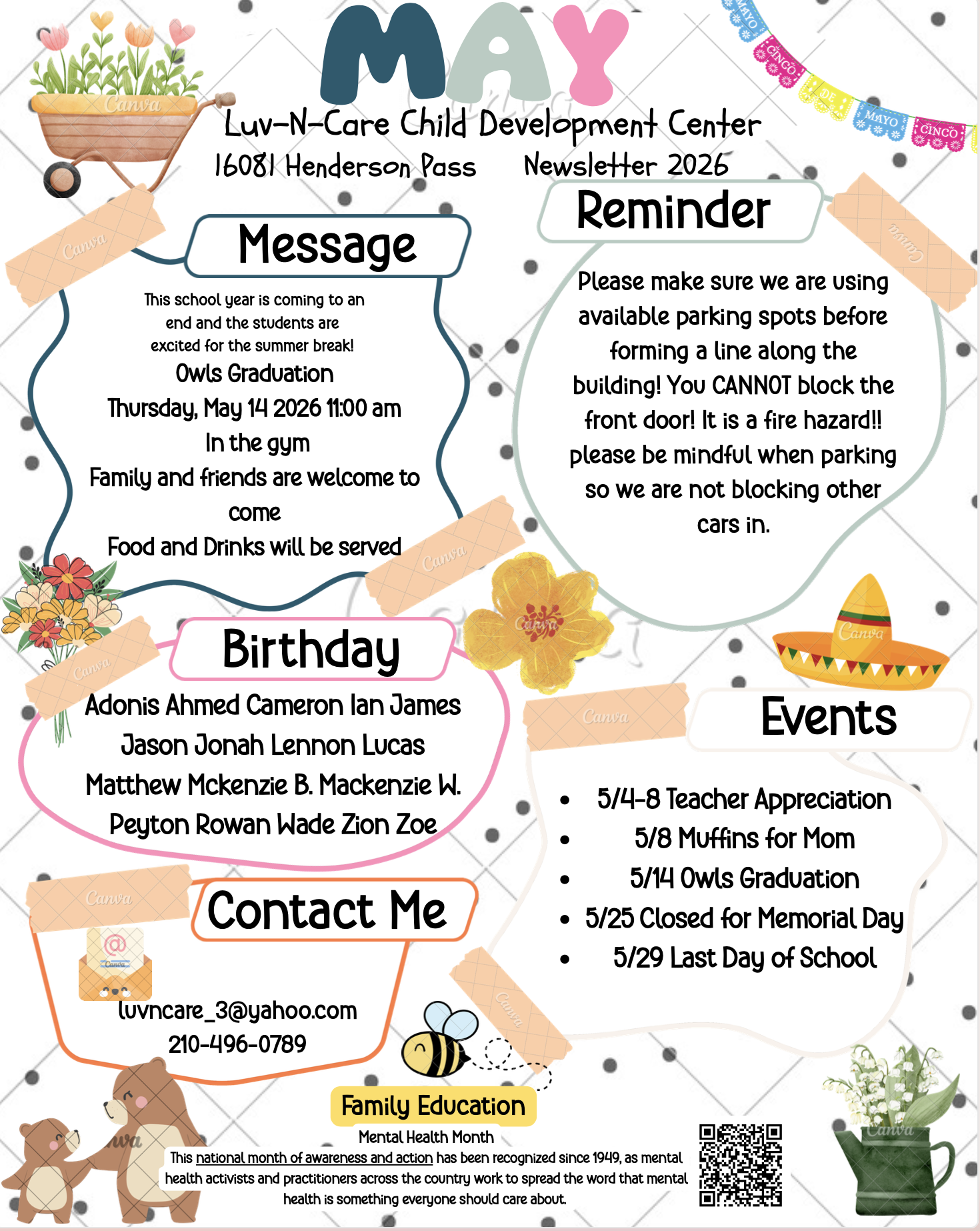 Colorful school flyer with sections for Message, Reminder, Birthday, Events, and Contact Info for Luv-N-Care Child Development Center