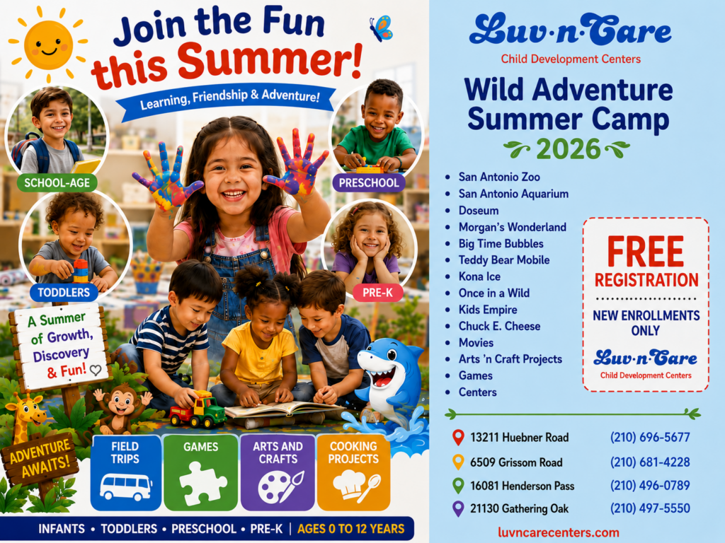 Bright summer camp flyer with smiling kids, colorful artwork, and the headline 'Join the Fun this Summer' inviting attendance for Infants to Pre-K mix of activities.