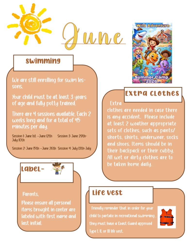 Informational collage poster for June camp with sun graphic, 'June' title, and swim safety and clothing guidelines.