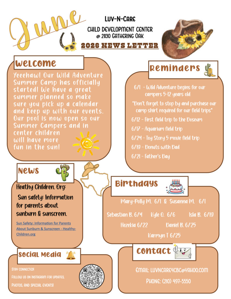 Colorful newsletter layout for Luv-N-Care with sections Welcome, News, Birthdays, and Reminders in peach panels.