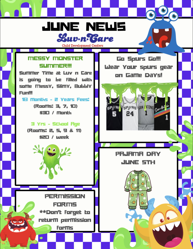 Bright poster titled 'June News' for Luv-n-Care Child Development Centers, with colorful monsters and two information panels about summer activities and uniforms.