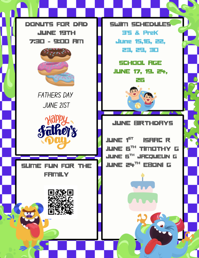Colorful collage of event posters about Father's Day and school activities, featuring donuts, swim schedules, birthdays, and a QR code on a purple checkerboard background scribbled with green slime shapes.