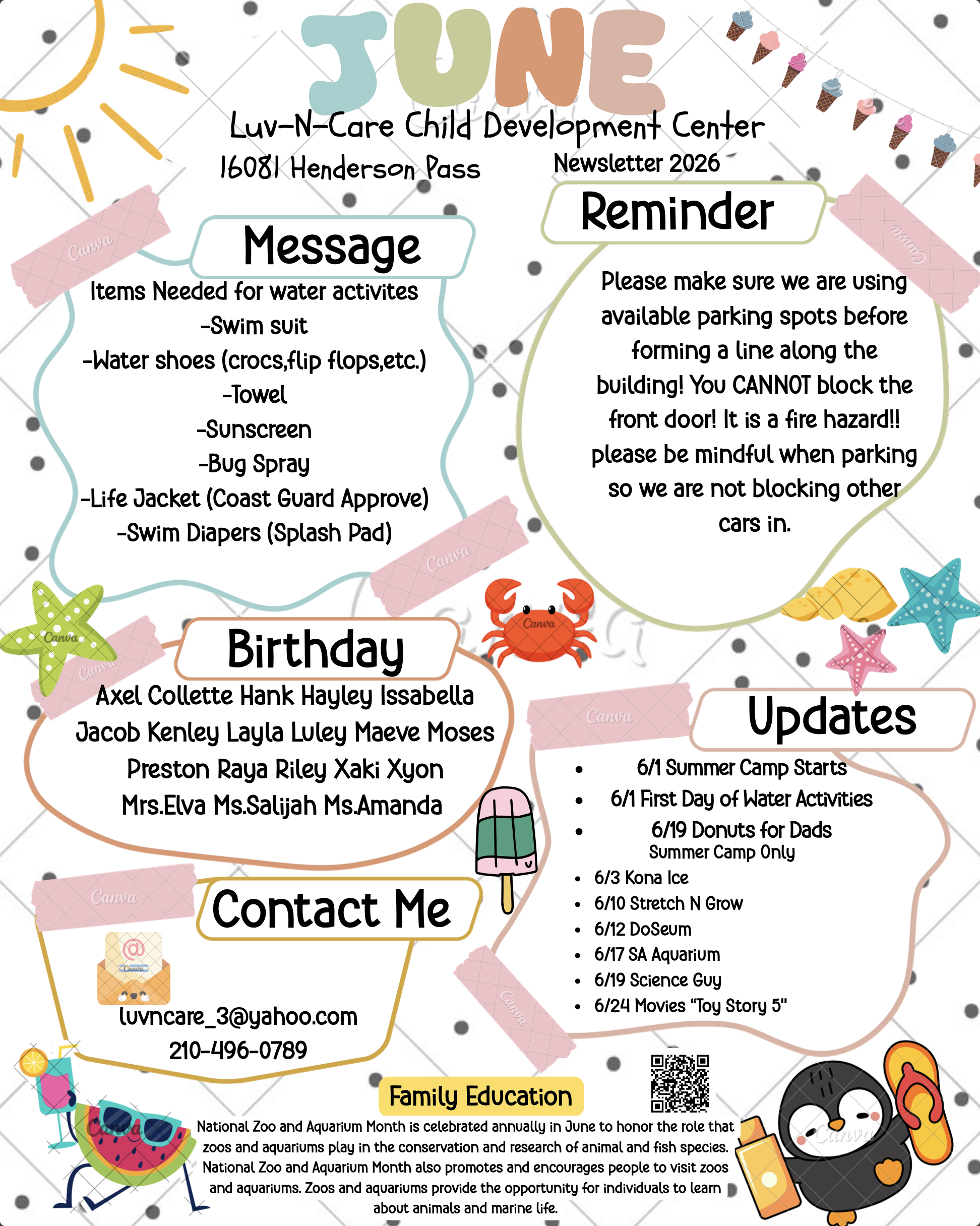 Bright Luv-N-Care monthly newsletter cover with sections for Message, Reminder, Birthday, Updates, and Contact Information; colorful icons and doodles surround the text