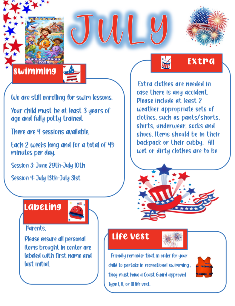 Patriotic July-themed poster about a summer camp with swim lessons, extra clothing rules, labeling, and life-vest requirements.