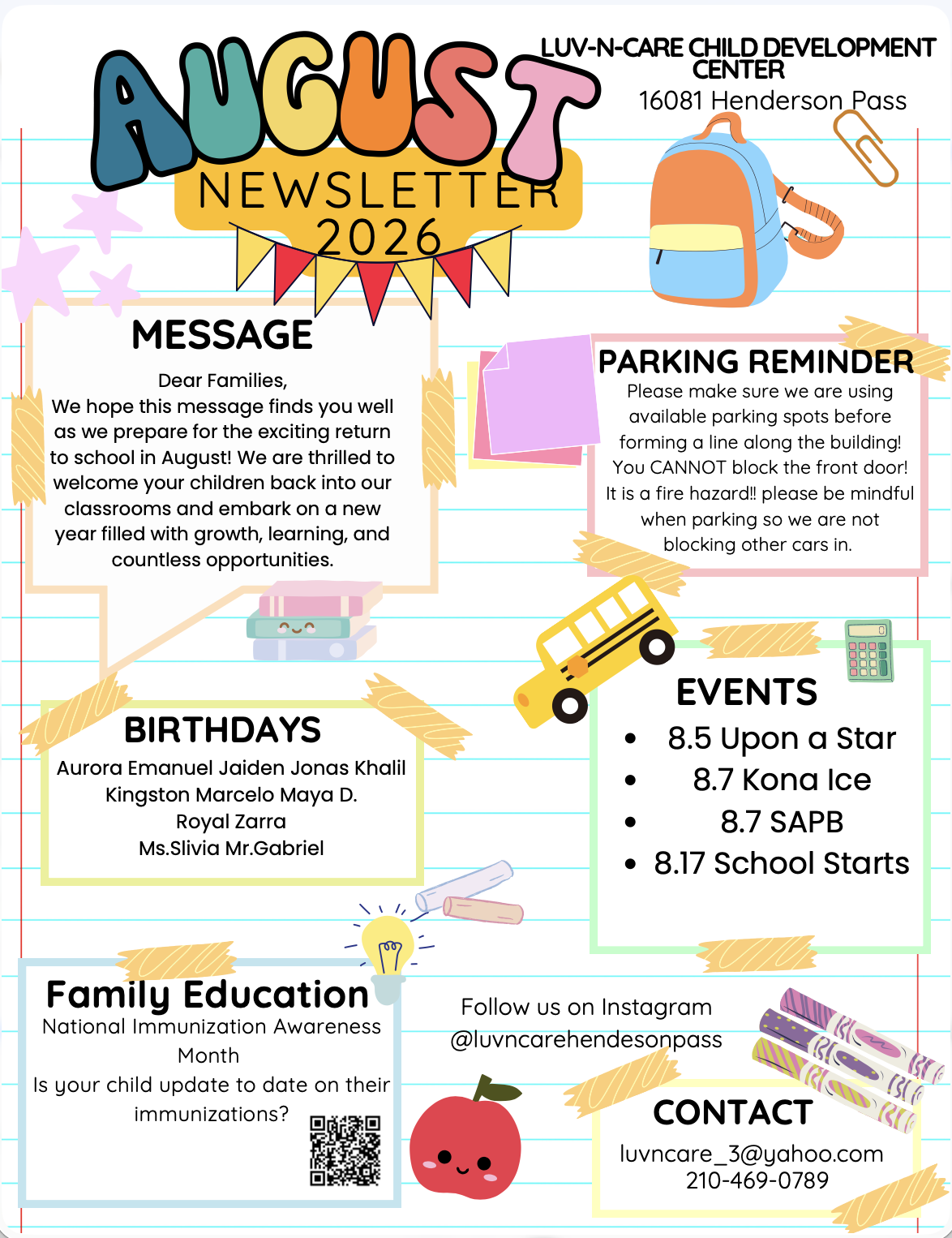 Colorful back-to-school newsletter flyer titled August 2026 with sections: Message, Parking Reminder, Birthdays, Events, and contact info, plus illustrations of a backpack and school supplies.